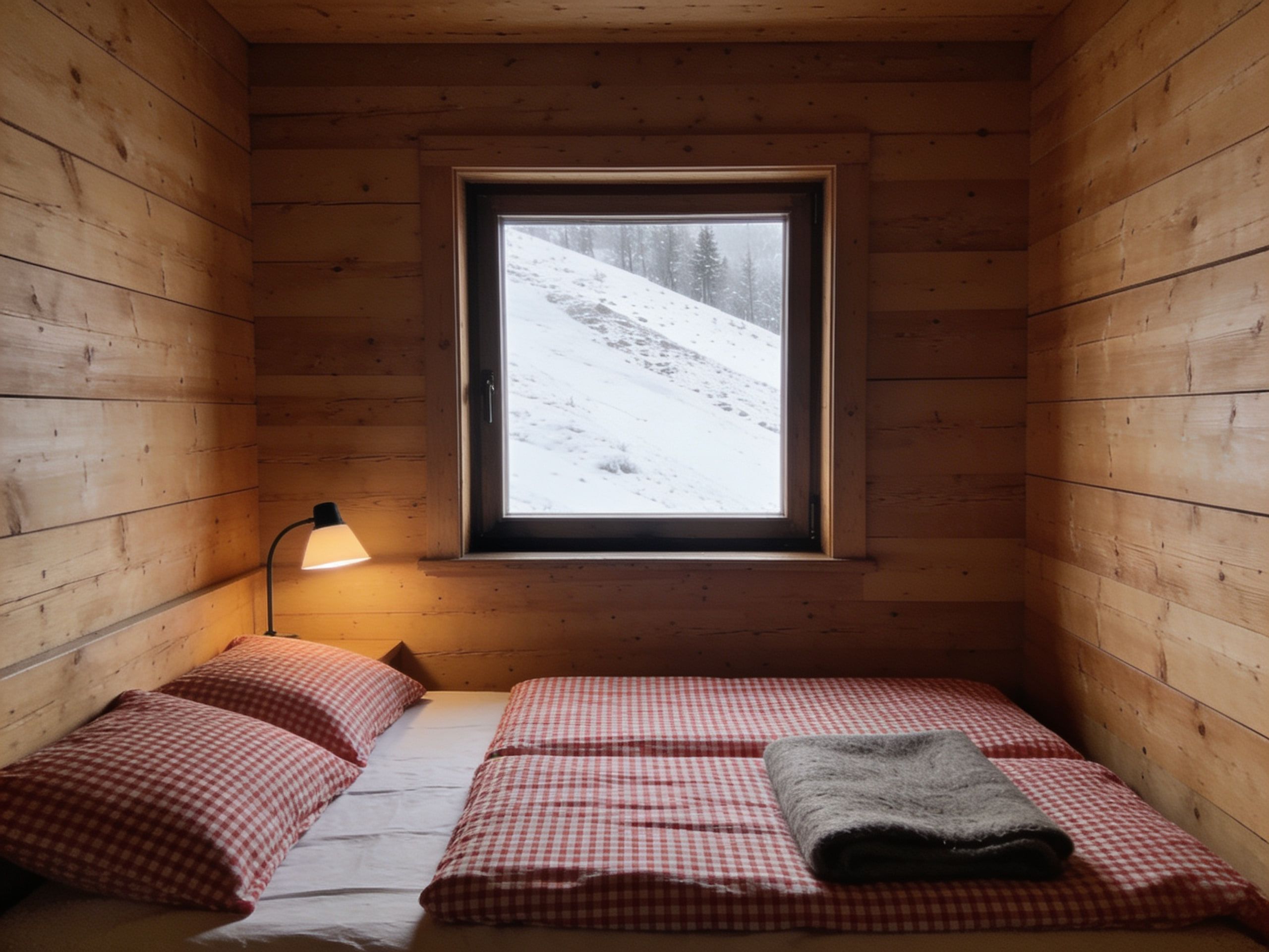 Doppelzimmer mit Lärchenholz und rot kariertem Leinen