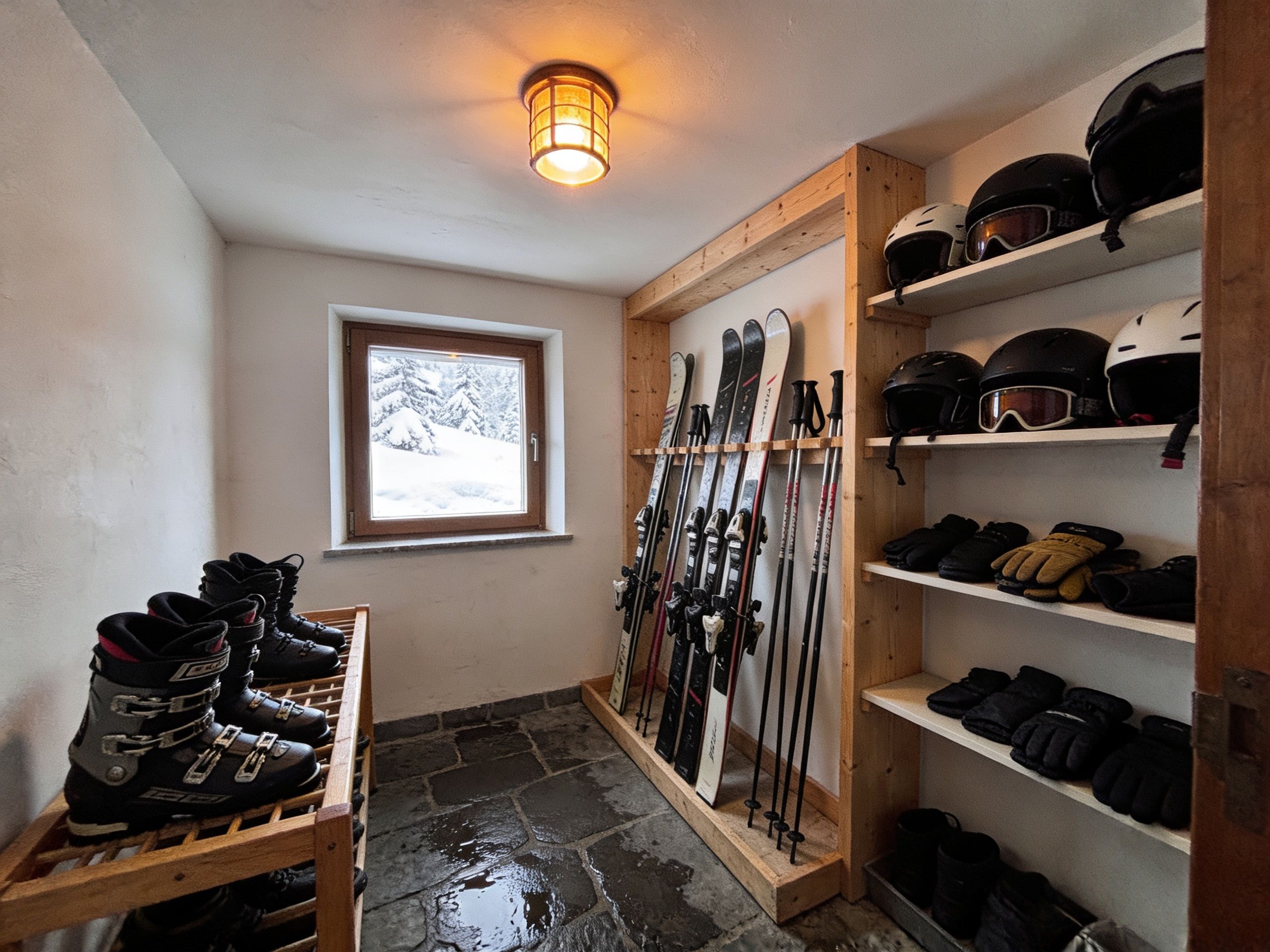 Der Skiraum: Schuhe am Trockner, Ski und Stöcke an der Wand