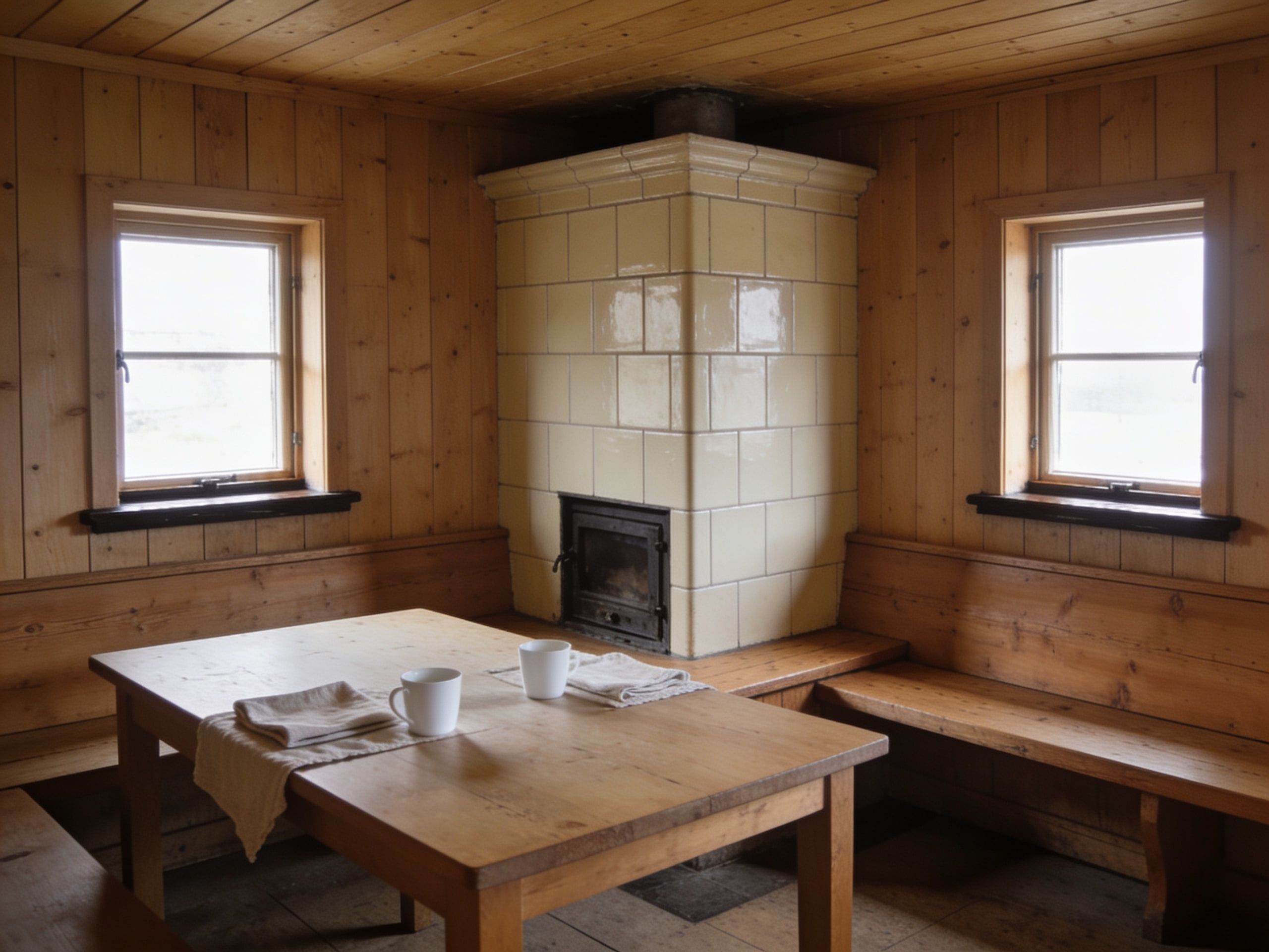 Die Stube mit dem Kachelofen, Lärchenholz an Wänden und Decke